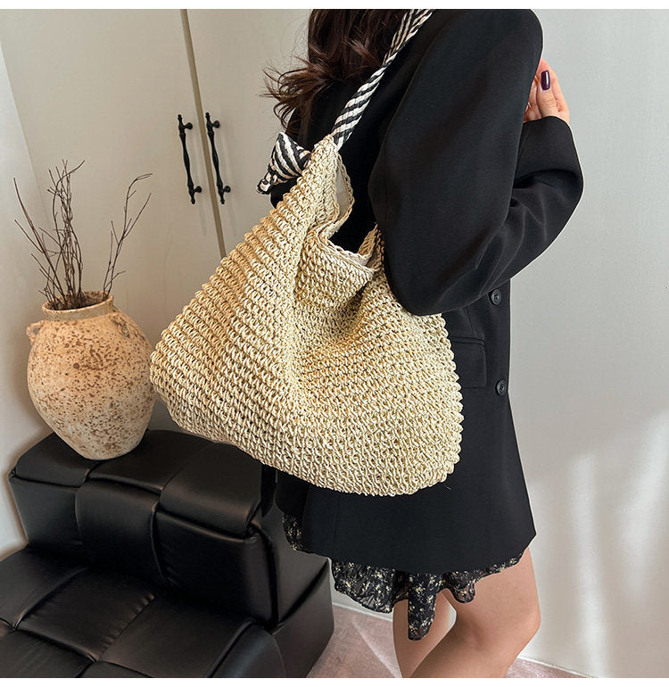 Bolso tejido de paja con borlas, bolso de hombro, bolso de mano informal para playa