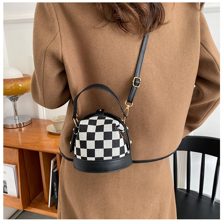 Checkered Round Crossbody Bucket Bag for Women Canvas Handbag with Top Handle