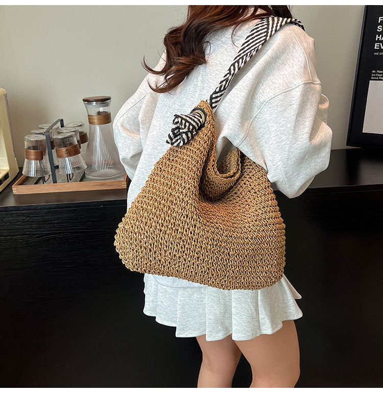 Bolso tejido de paja con borlas, bolso de hombro, bolso de mano informal para playa