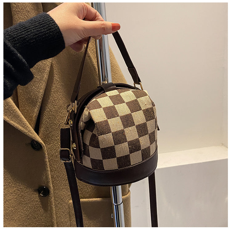 Checkered Round Crossbody Bucket Bag for Women Canvas Handbag with Top Handle