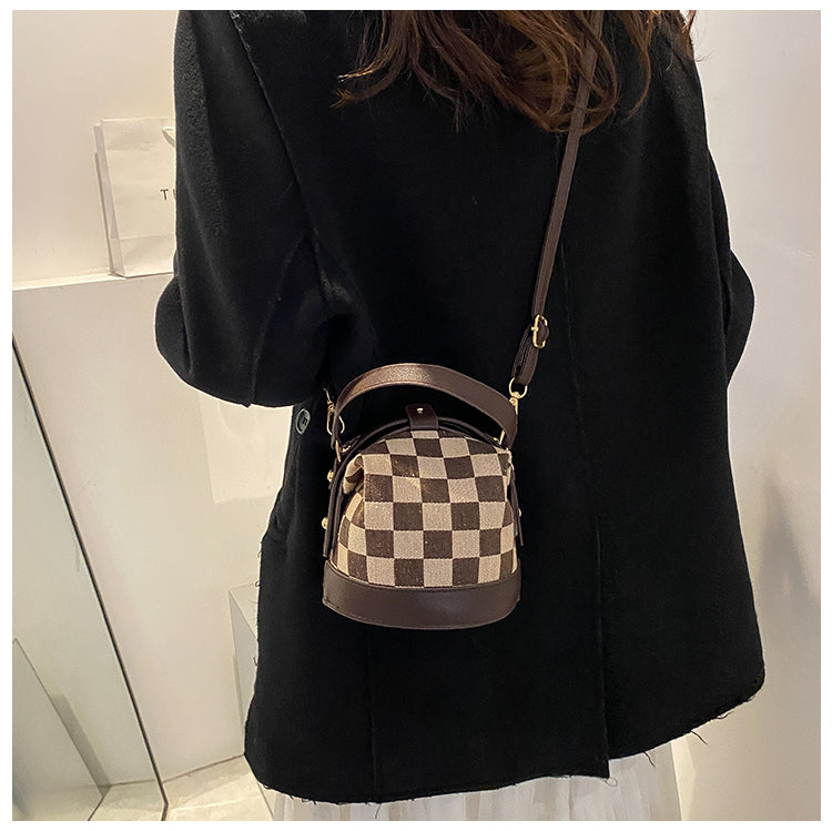 Checkered Round Crossbody Bucket Bag for Women Canvas Handbag with Top Handle