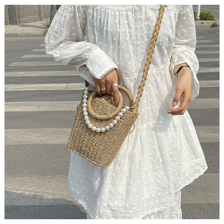 Straw Shoulder Bag Hand Woven Bucket Bag Handbag