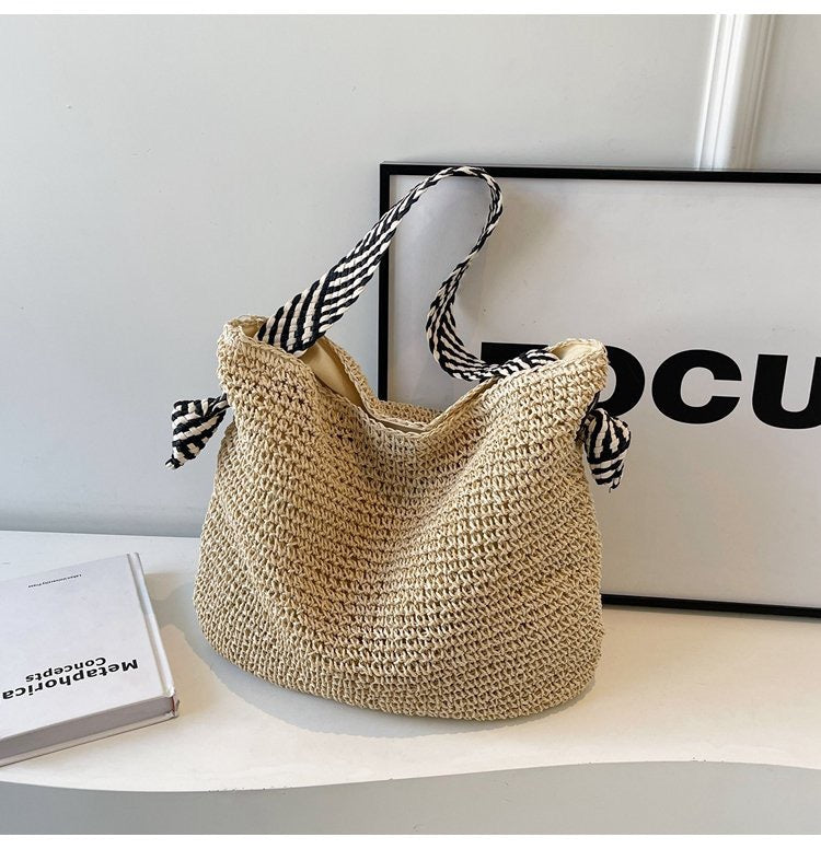 Bolso tejido de paja con borlas, bolso de hombro, bolso de mano informal para playa