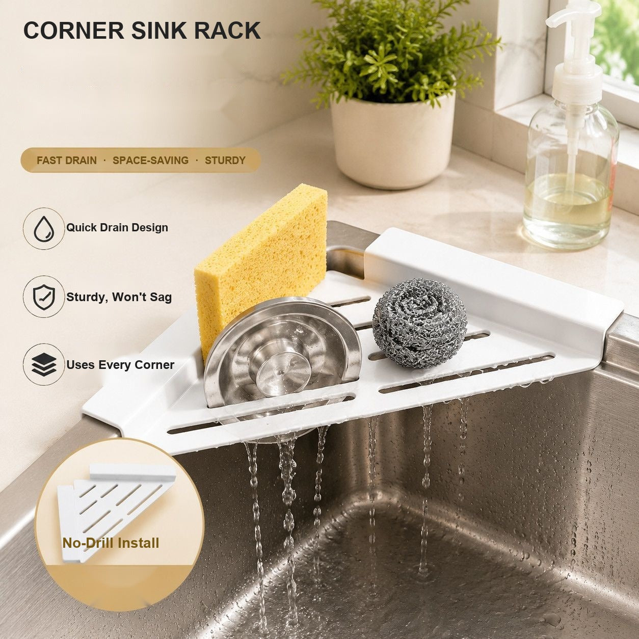 No-Drill Corner Sink Organizer Rack