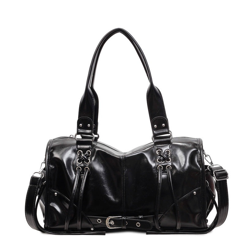 Moto Buckle Tote Bag for Women - Glossy Black