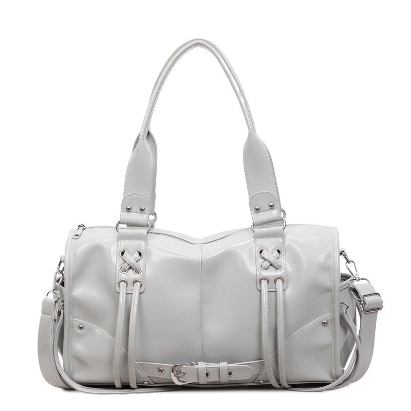 Moto Buckle Tote Bag for Women - Glossy Light Gray