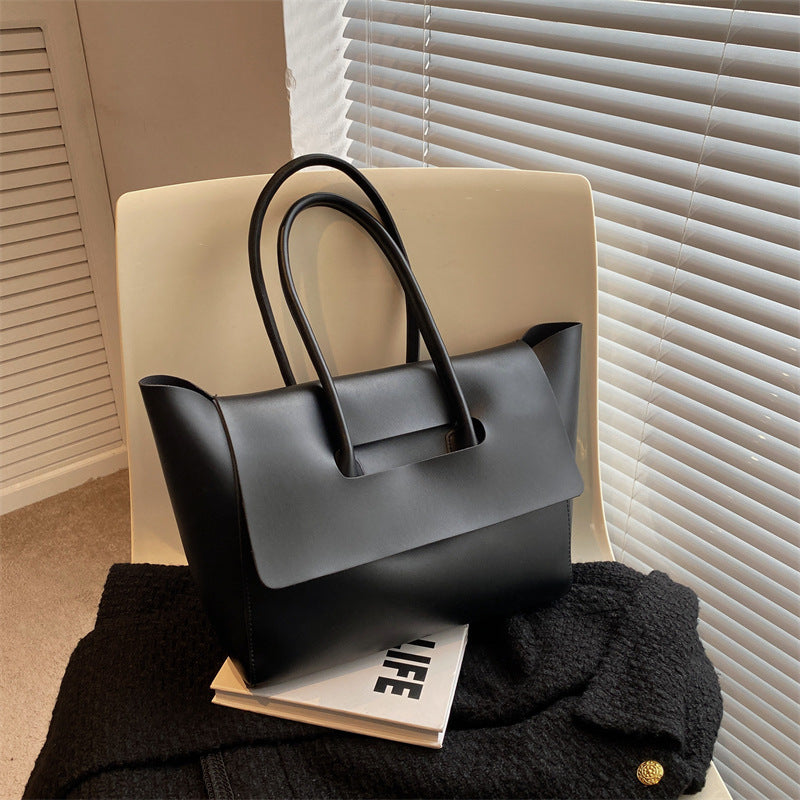 Oversized Flap Tote Bag for Women - Structured Work Shoulder Bag - Black