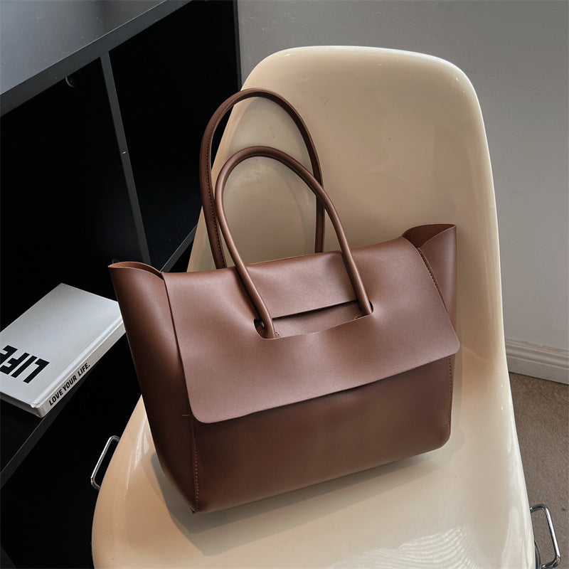 Oversized Flap Tote Bag for Women - Structured Work Shoulder Bag - Coffee
