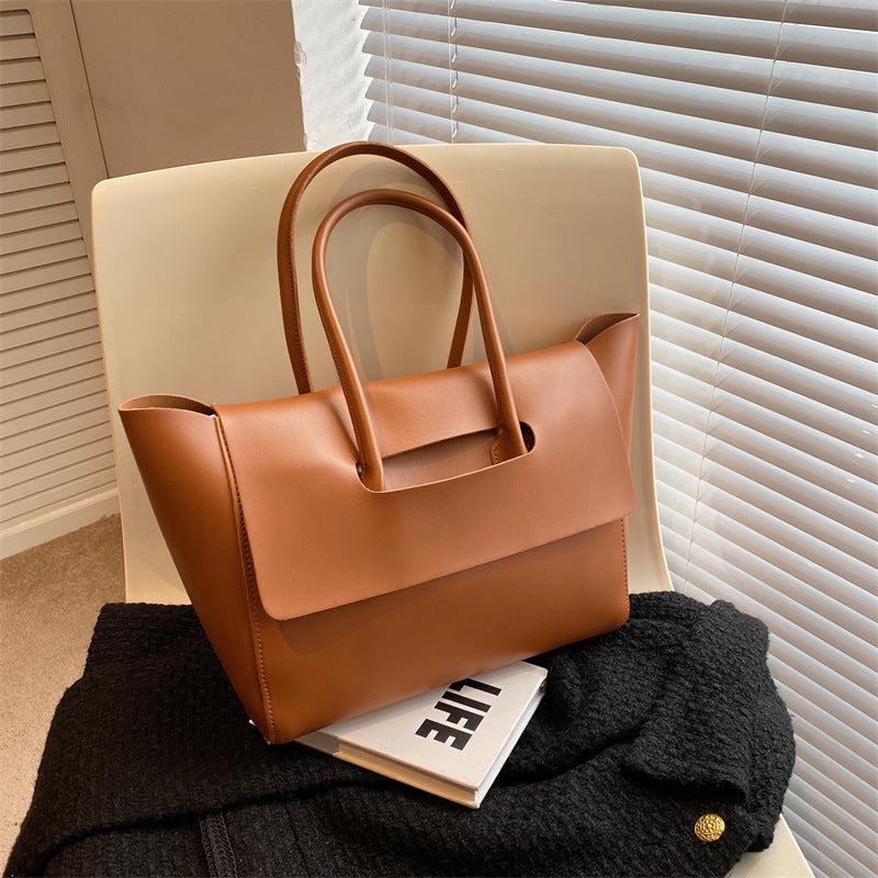 Oversized Flap Tote Bag for Women - Structured Work Shoulder Bag - Brown