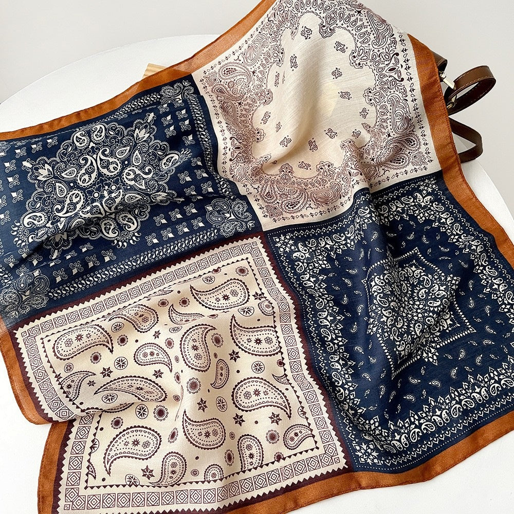 Navy and cream paisley patchwork square scarf
