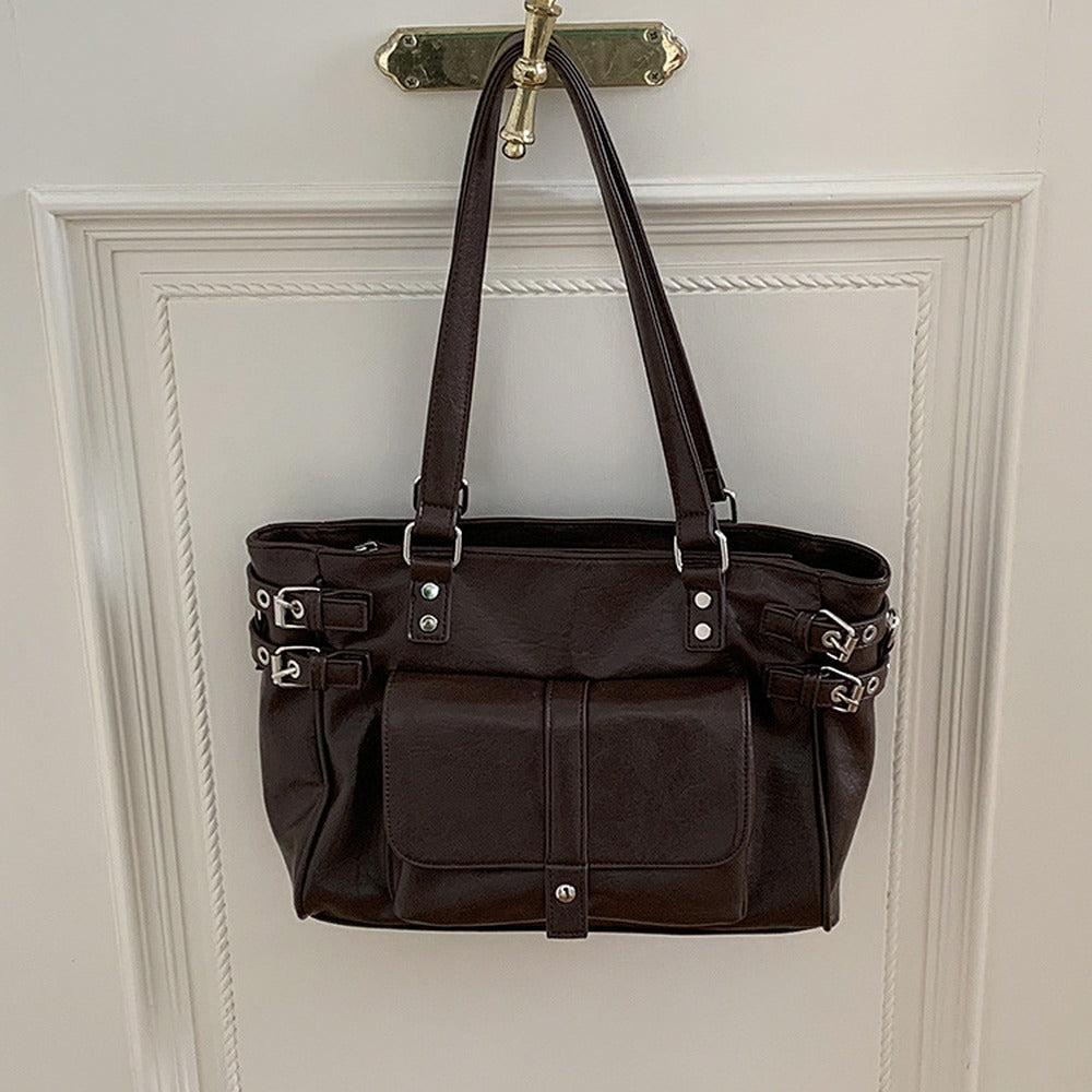 Coffee brown vintage buckle tote bag