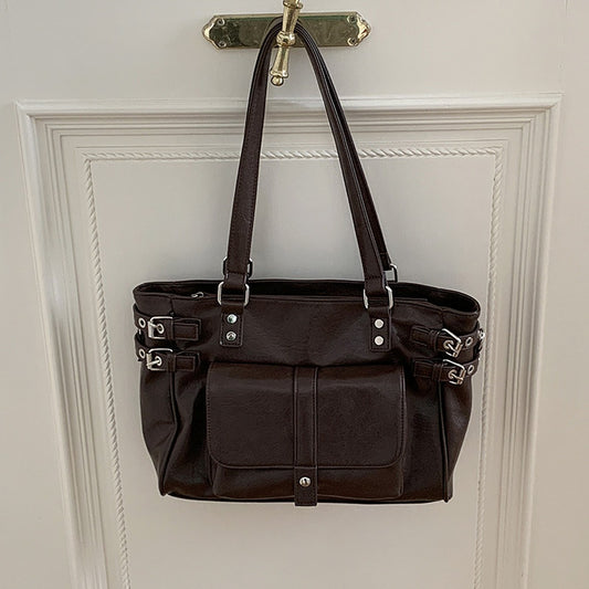 Coffee brown vintage buckle tote bag