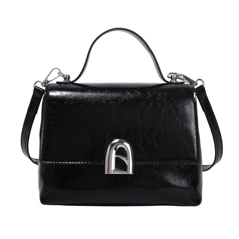 Vintage Crackle Top-Handle Bag for Women - Small Flap Shoulder Bag with Crossbody Strap - Black