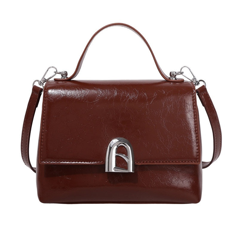 Vintage Crackle Top-Handle Bag for Women - Small Flap Shoulder Bag with Crossbody Strap - Coffee
