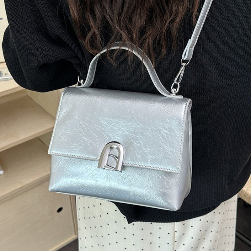 Vintage Crackle Top-Handle Bag for Women - Small Flap Shoulder Bag with Crossbody Strap