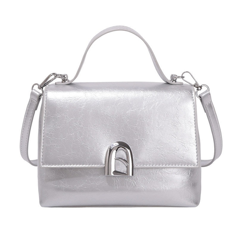 Vintage Crackle Top-Handle Bag for Women - Small Flap Shoulder Bag with Crossbody Strap - Silver