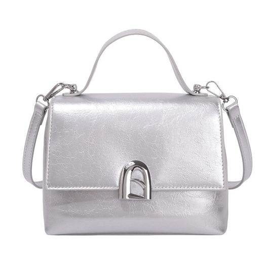 Vintage Crackle Top-Handle Bag for Women - Small Flap Shoulder Bag with Crossbody Strap - Silver