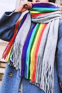 Rainbow Striped Long Fringe Scarves | Fall Winter Scarves For Women