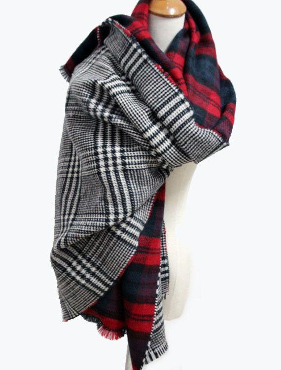 Double Sided Plaid Red Scarf