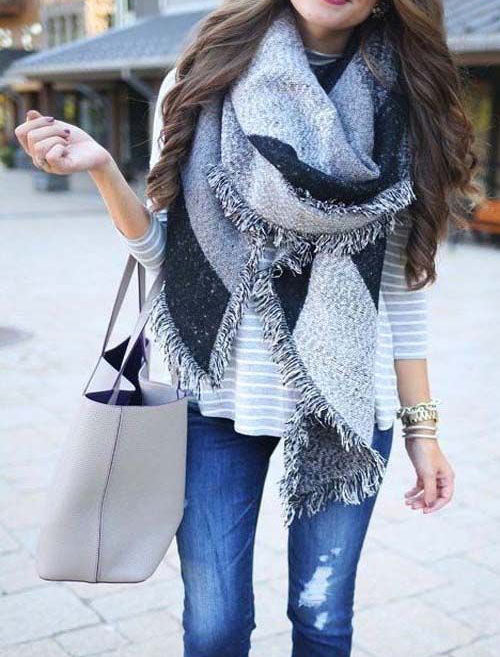 Fringed Blanket Cape Scarf In Gray