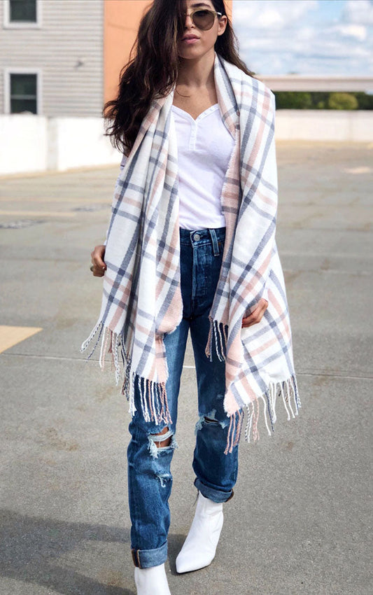 Soft Plaid Fringed Scarf in Blush Pink